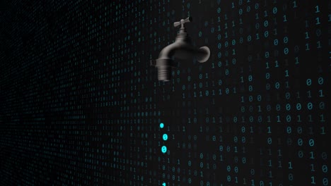 concepto de fuga de datos con código binario de software que fluye desde el grifo - animación de fondo de movimiento de bucle sin fisuras de 4k