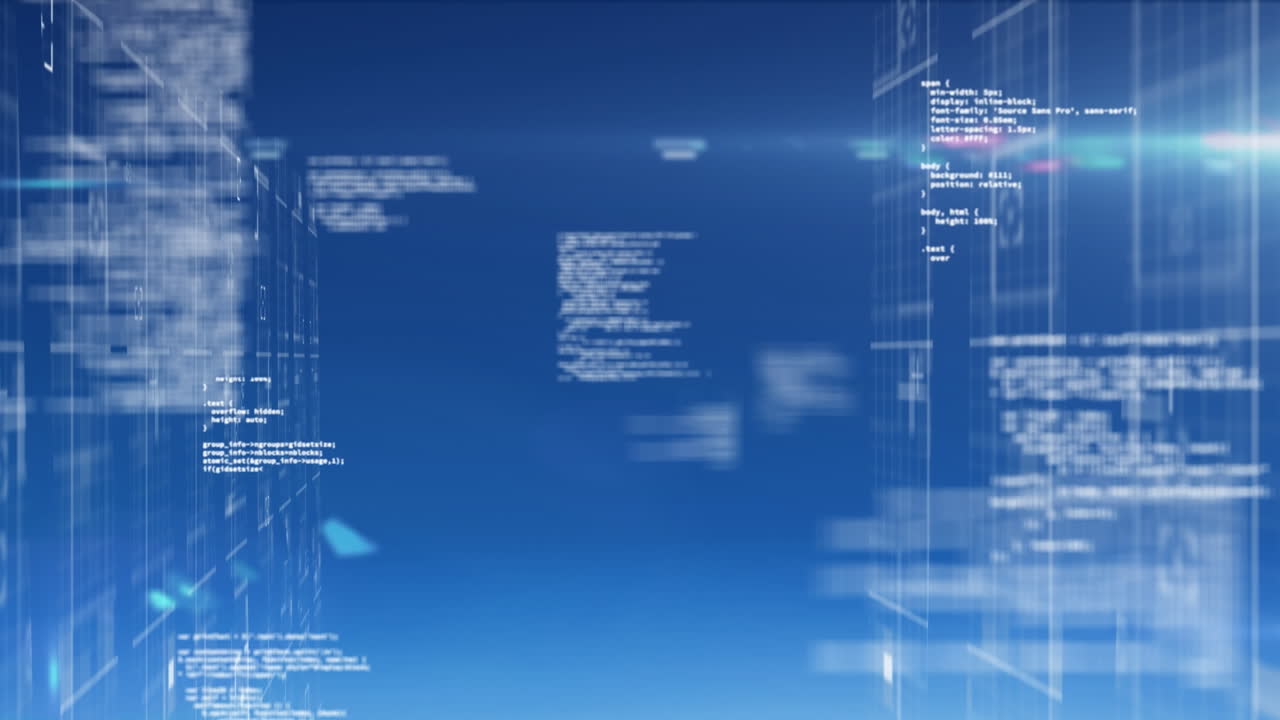 animación del procesamiento de datos y pantalla digital sobre fondo azul