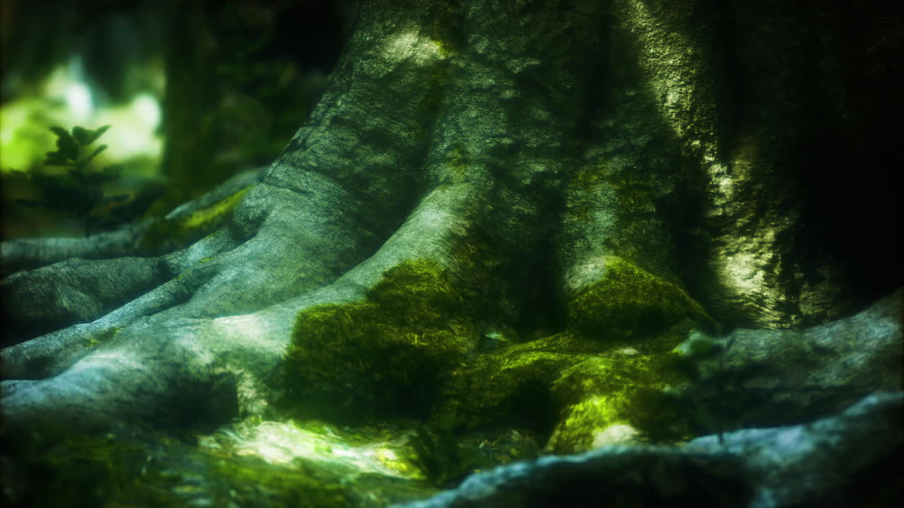 Moss covered tree roots basking in soft sunlight in a serene forest setting