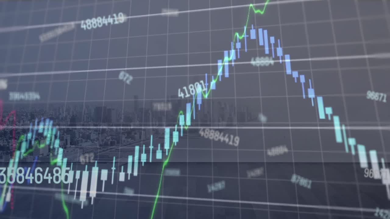 하늘에 대한 현대 도시의 공중 시야에서 변하는 숫자를 가진 여러 그래프의 애니메이션