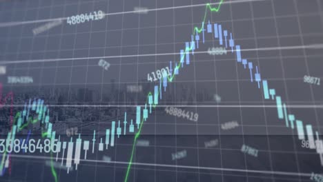 Animation-Mehrerer-Diagramme-Mit-Wechselnden-Zahlen-über-Einer-Luftaufnahme-Einer-Modernen-Stadt-Gegen-Den-Himmel
