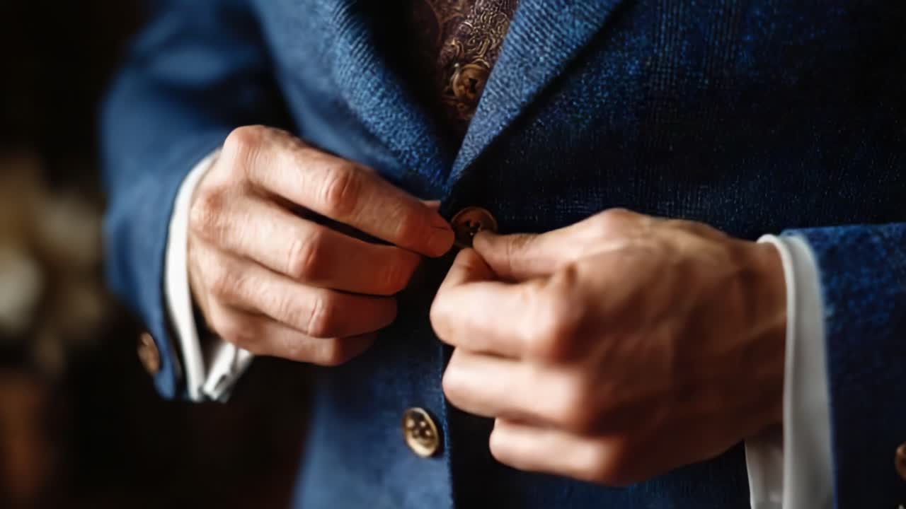 Seorang pria elegan menyesuaikan jasnya, menampilkan detail pada kain dan kancing, menangkap momen gaya berkelas dan perhatian pada penampilan pribadi.