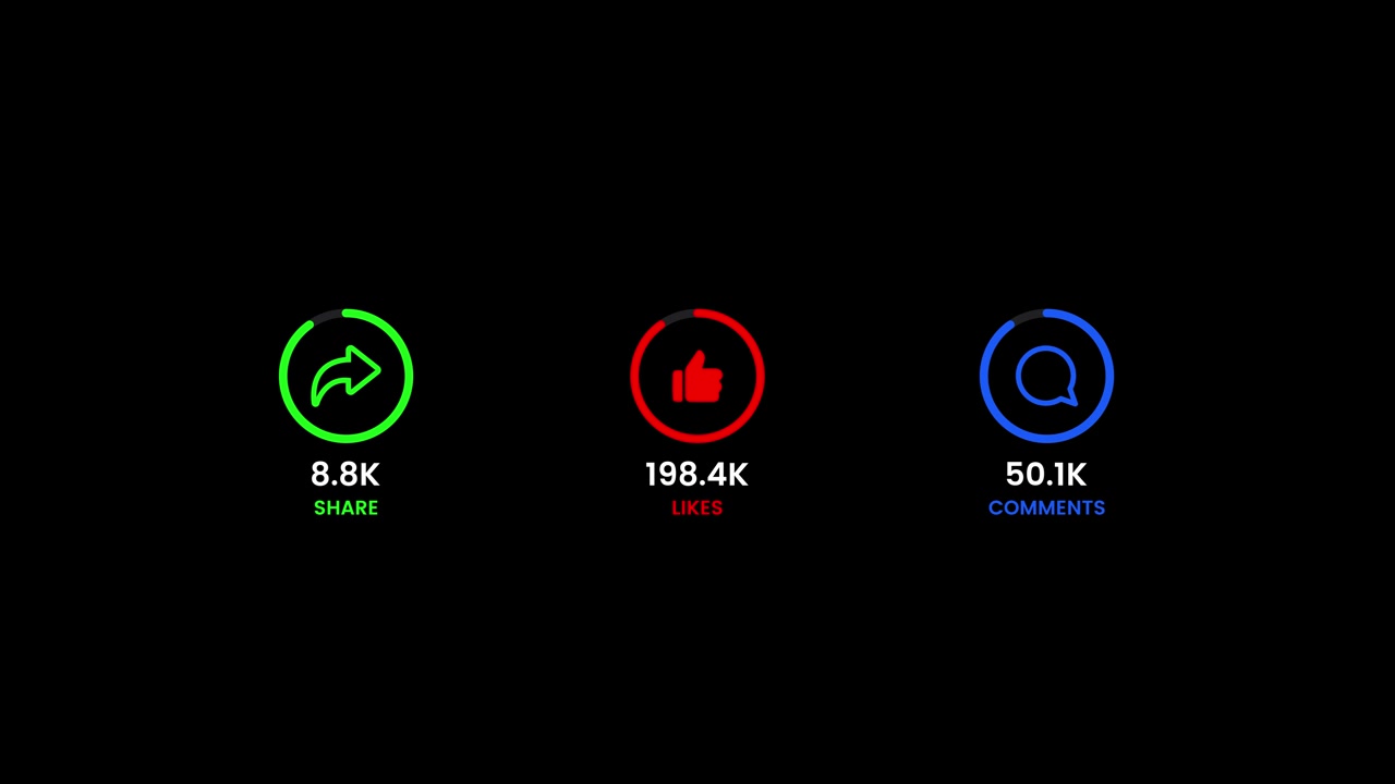 Gloeiende social media iconen met snel stijgende aantallen animatie geïsoleerd op zwarte achtergrond