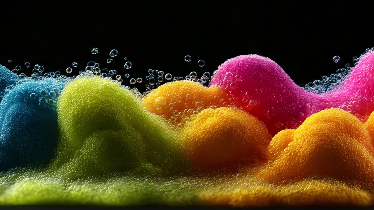 Colorful Foam Waves: A Close-Up Exploration of Vibrant Bubbles and Dynamic Textures in Vivid Colors on a Dark Background