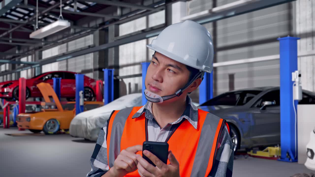 Primo piano di un ingegnere asiatico con casco di sicurezza che usa lo smartphone e si guarda intorno mentre si trova in un'autofficina