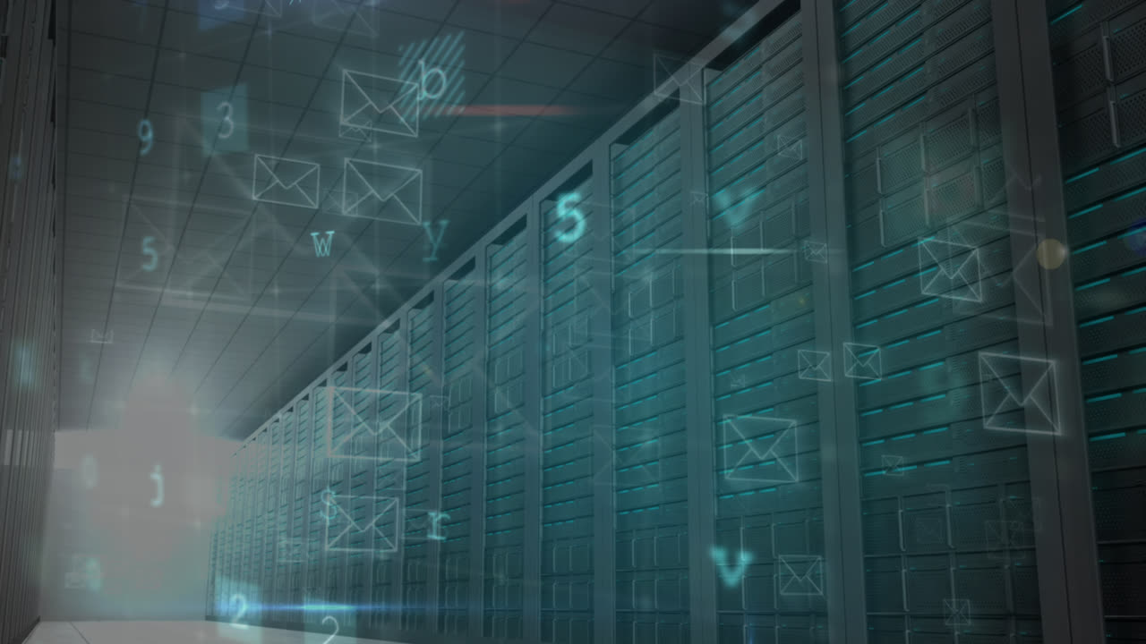 animación de advertencia de ataque cibernético y iconos de sobre sobre la sala del servidor