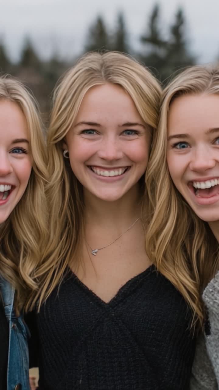 Tre venner fejrer venskabet med glade smil mod en naturlig baggrund fyldt med træer, og indfanger et øjeblik fyldt med lykke og samhørighed.
