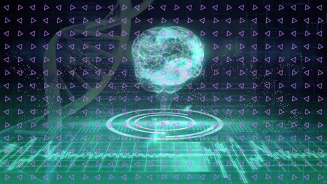 Animation of triangles over digital human brain, dna helix, database and illuminated soundwave