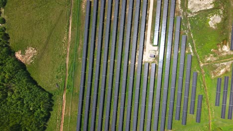 top overview of symmetrical solar panel rows on sunny farmland, clean energy production