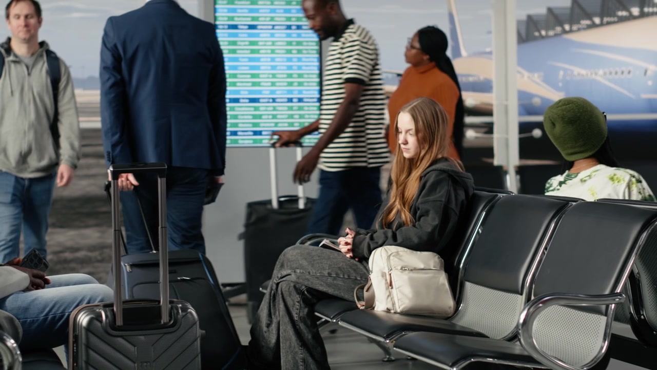 Revisando el panel electrónico de salidas, el horario y personas en el aeropuerto