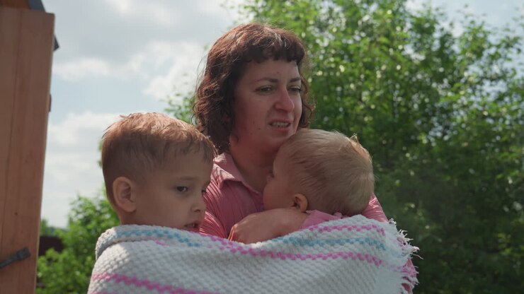 Fröhliche Familie beim Schwimmen und einer herzlichen Umarmung, Mutter hält liebevoll ihre Kinder nach dem erfrischenden Bad im Freien, wertvoller Familienmoment, in dem die Mutter ihre Kinder unter dem klaren blauen Himmel umarmt