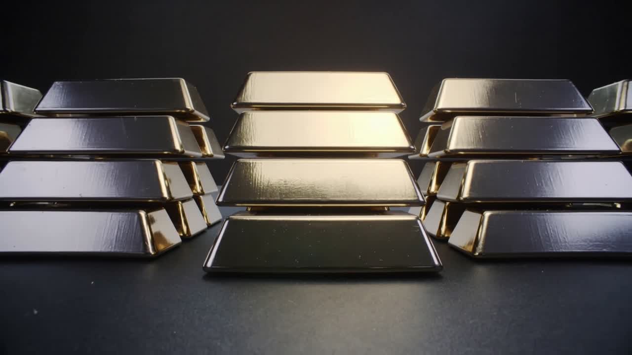 Video verticale: Pubblicità di un prodotto che mostra tre pile di lingotti d'oro, illuminazione e zoom che creano un bagliore centrale.