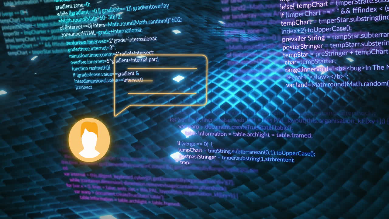 Animation of icon and speech bublle and data processing over dark background