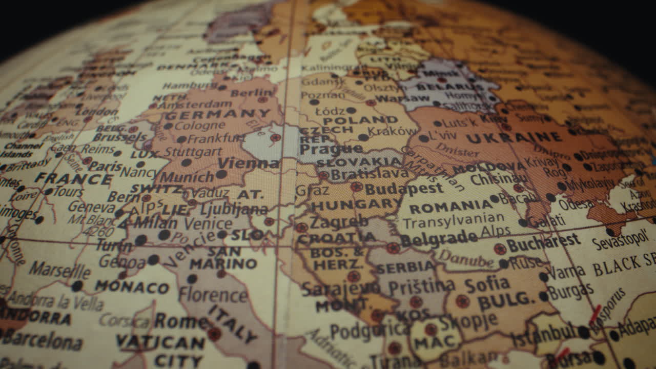 Close-up view of a vintage world globe, focusing on Europe