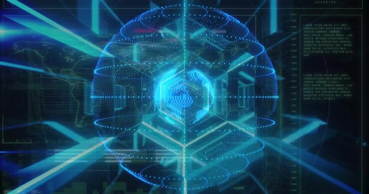Blue points forming sphere, core emerging rings rotating panels animating aligning for data viewing