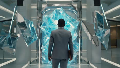 man standing in front of a futuristic portal