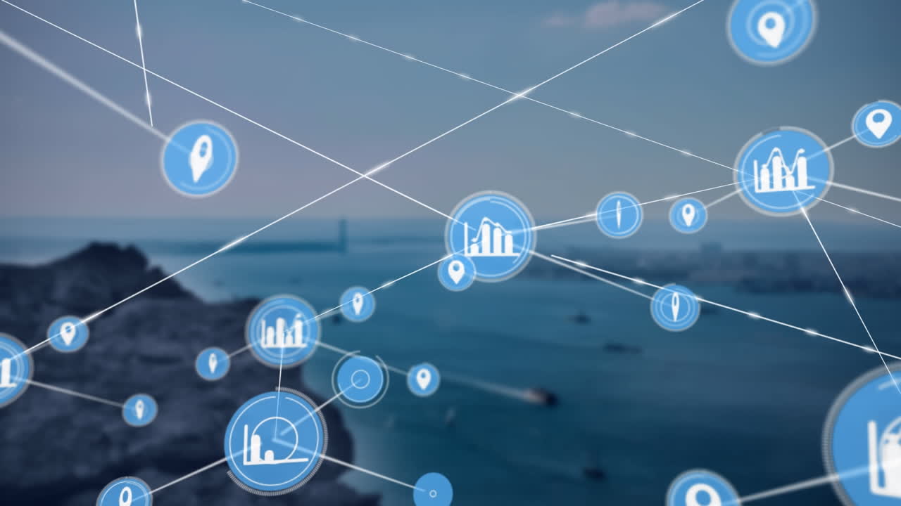 animación de una red de iconos digitales contra un paisaje con rocas y mar