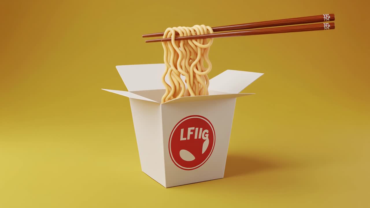 Chopsticks Lifting Noodles from a White Takeout Box