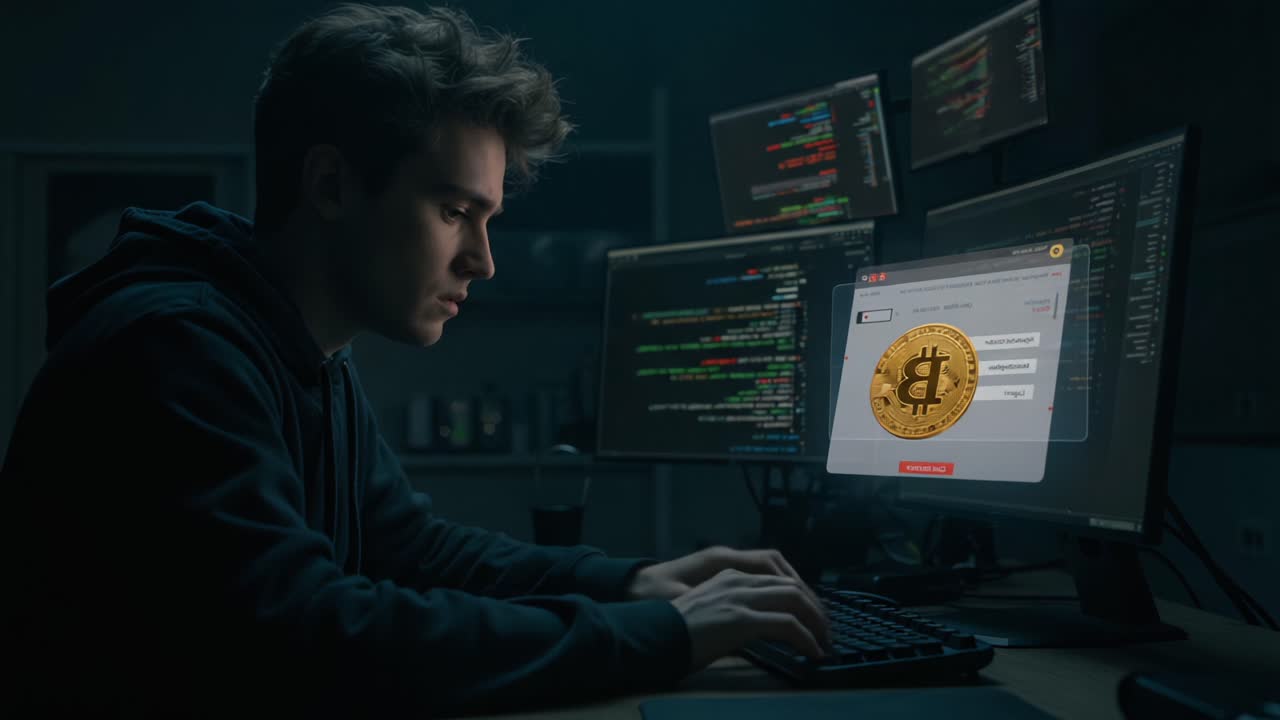 A focused individual working with multiple screens in a dimly lit room, analyzing cryptocurrency data and monitoring blockchain transactions through a digital interface