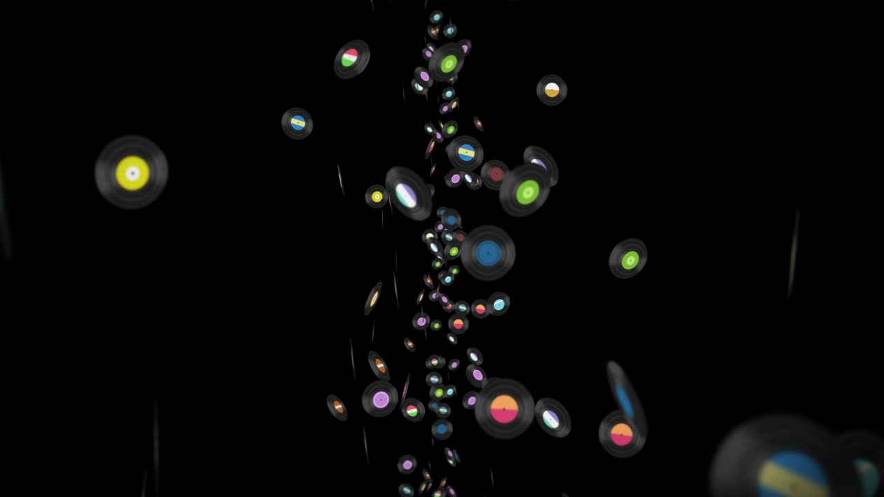 검은 바탕에 많은 비닐 레코드를 날아가는 오래된 기술, 레트로 디자인, 음악 레코드 회전의 3d 애니메이션, 루프 애니메이션.