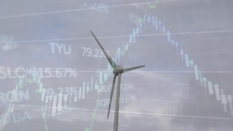 animation of graphs and trading board over windmill spinning under cloudy sky