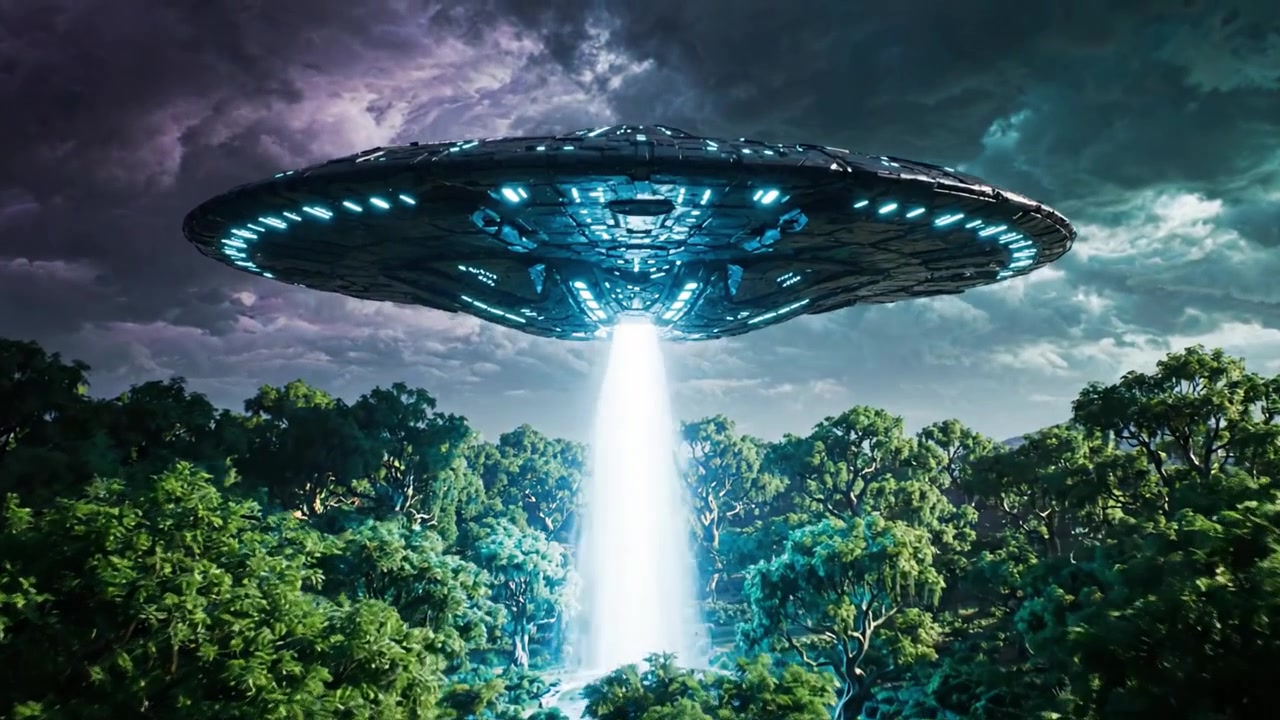 A Mysterious UFO Hovers Above Lush Forest, Emitting a Bright Beam of Light, Suggesting Extraterrestrial Activity and Captivating the Imagination of Onlookers