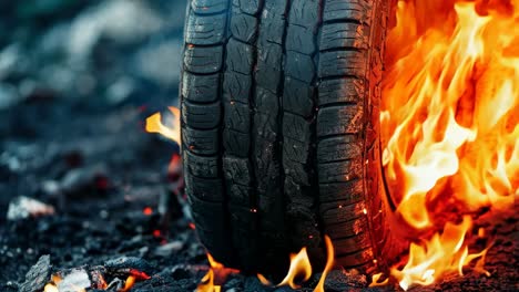 a car tire on fire on the side of the road