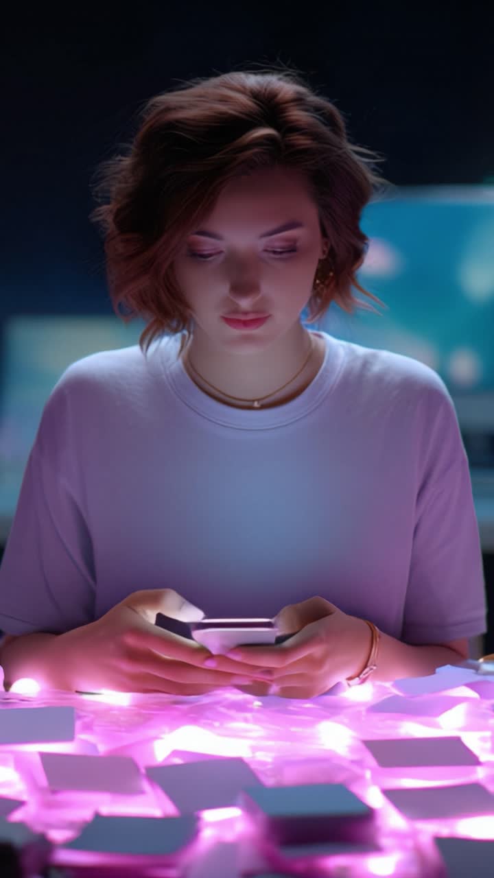 Una giovane donna affascinata concentrata sul suo smartphone, illuminata da una soffusa luce viola, che riflette una connessione moderna in un sereno ambiente digitale.