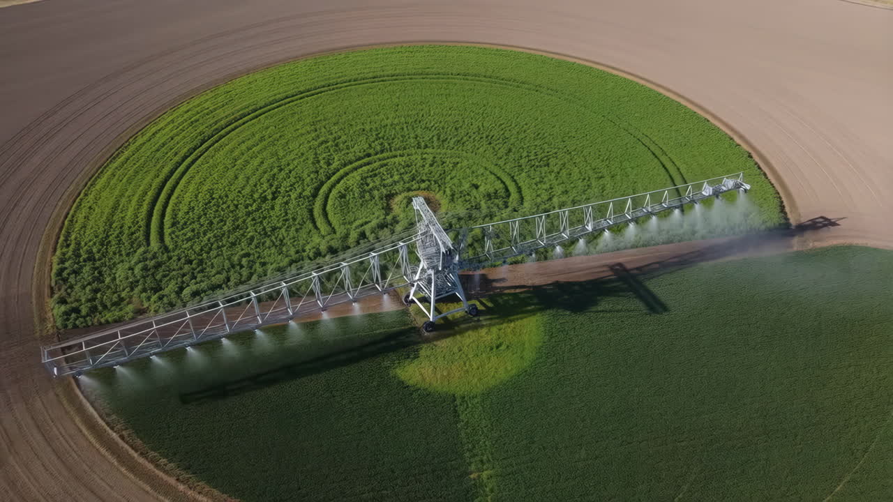 Aerial view of a circular crop field being irrigated by a center-pivot irrigation system