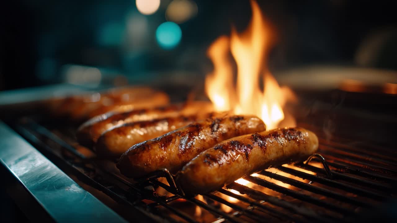 Salsicce sfrigolanti che grigliano sulle fiamme - Una deliziosa esperienza di barbecue catturata in due inquadrature dinamiche con bagliori intensi e un aspetto appetitoso.