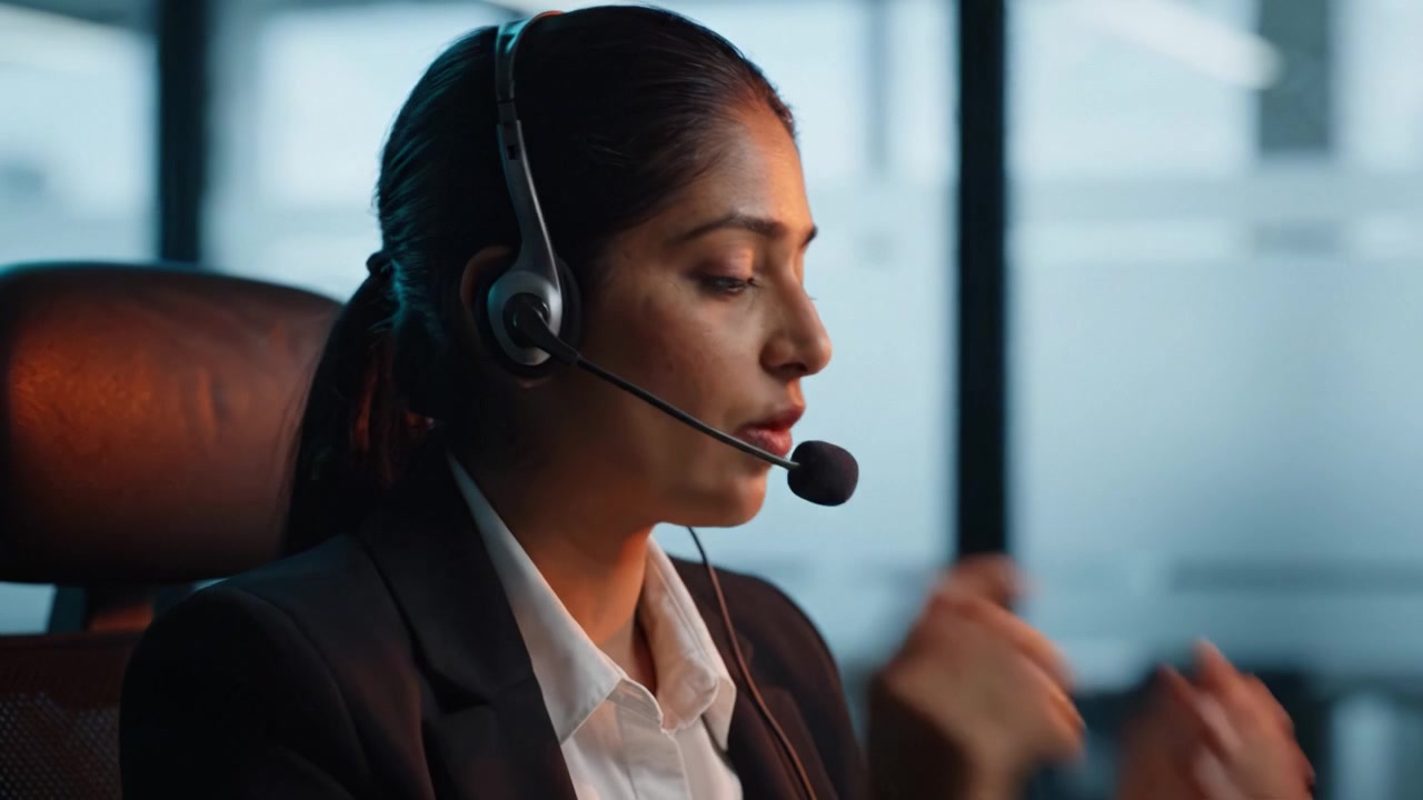 Un professionista concentrato impegnato nella comunicazione con i clienti in un moderno ambiente d'ufficio, dotato di cuffie e con chiara concentrazione sul compito da svolgere.