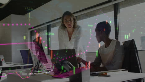 animation of financial data processing against two diverse women discussing over laptop at office