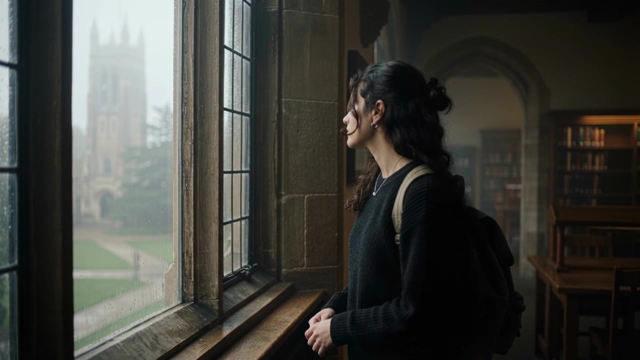 Rain drawing student in black knit and backpack, glancing then turning to leaded window at library