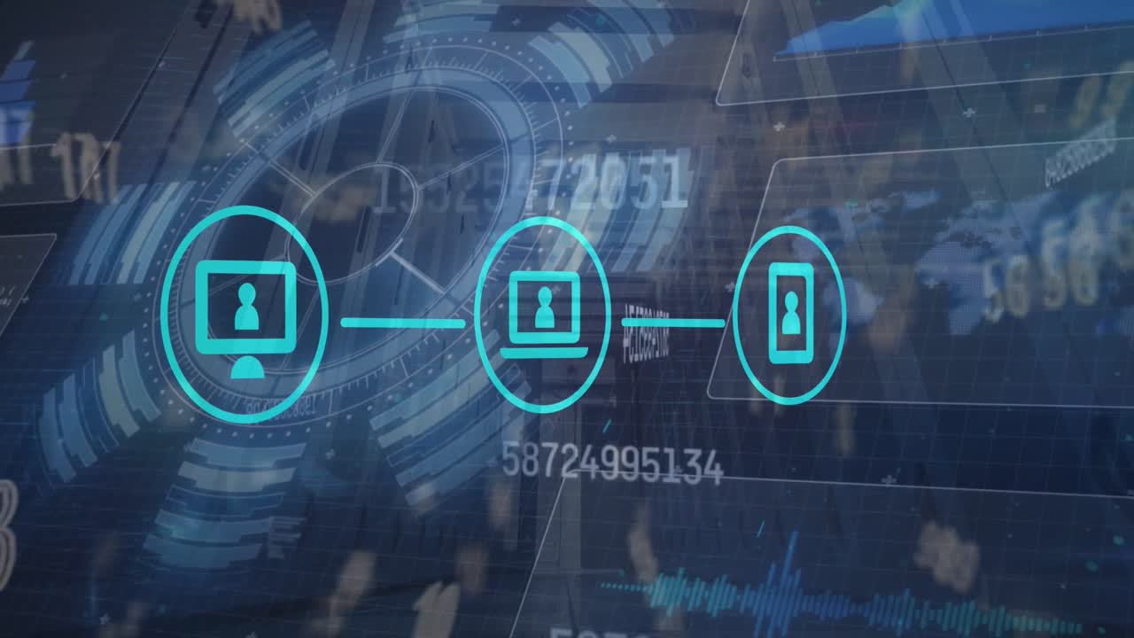 animación del icono en círculos sobre el reactor de arco, cuentas regresivas múltiples, mapa, onda sonora en el fondo.