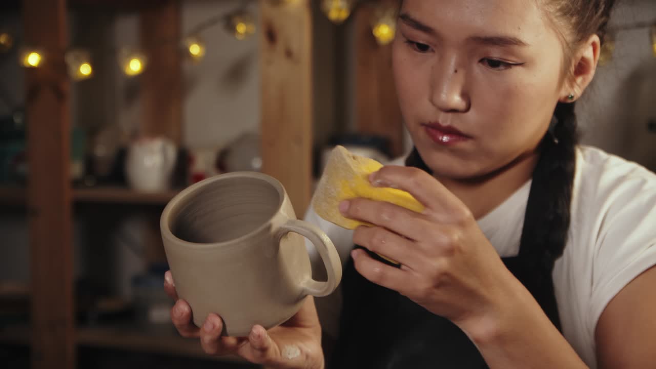 은 스폰지를 사용 하여 점토 컵 을 매끄럽게 하는 젊은 여자 도자기