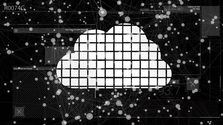 Animation of digital data processing and cloud with connections