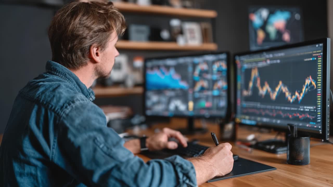 Focused Analyst Engaged in Data Analysis, Market Trends, and Strategic Planning with Technical Charts on Dual Monitors in a Modern Workspace Environment