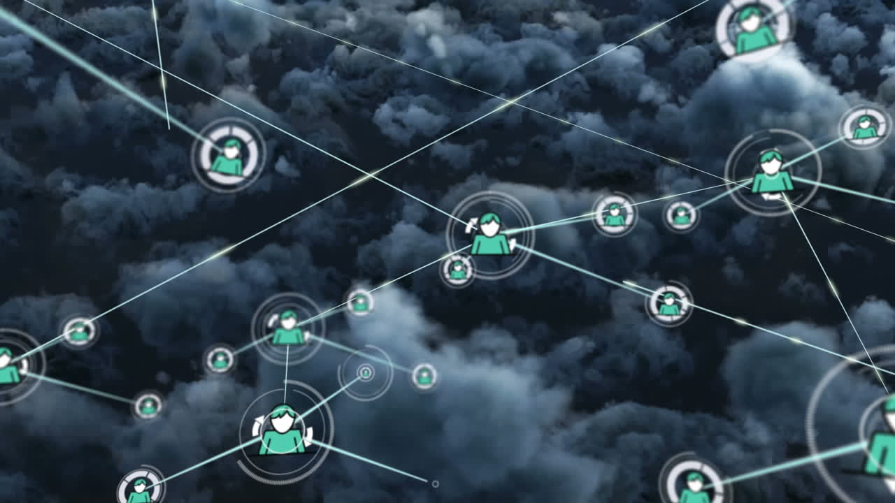 animación de la red de conexiones con iconos sobre el cielo