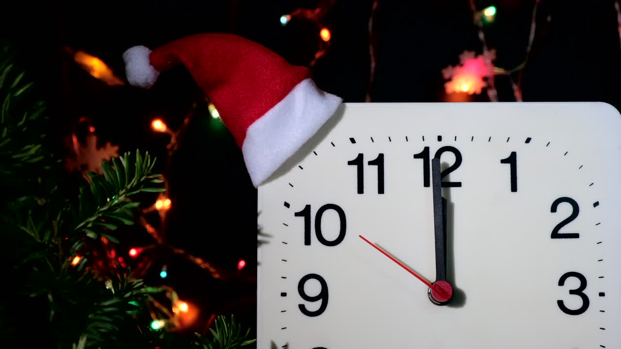 reloj en ramas de abeto de año nuevo en fondo negro. la manilla de segundos se mueve en círculo de reloj mecánico y muestra las doce en punto a medianoche y víspera de navidad. concepto de vacaciones, lapso de tiempo, primer plano, primer plano