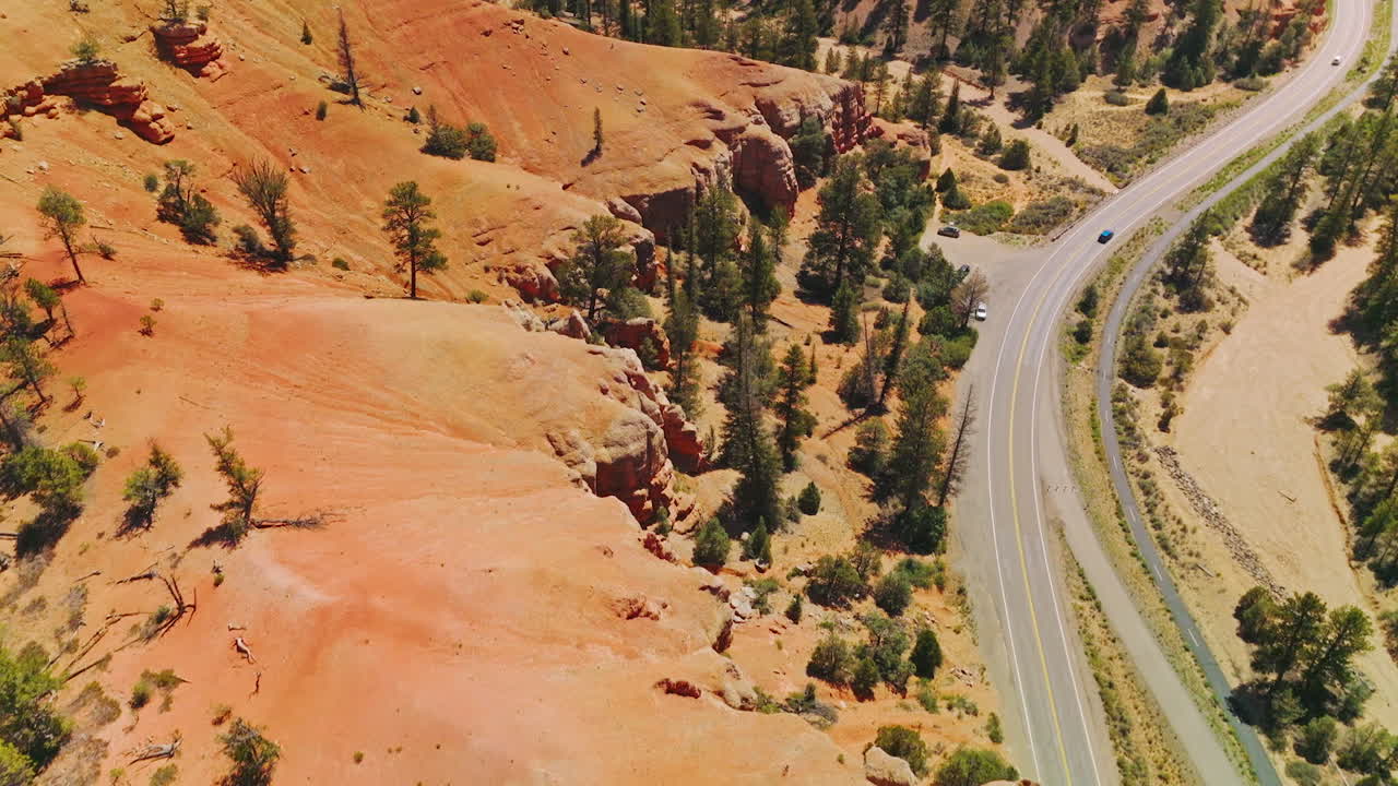 Flight over the orange smooth rounded rocks of Arches Canyons in Utah, USA. Roads and paths through the mountainous overgrown with pine trees. Top view.