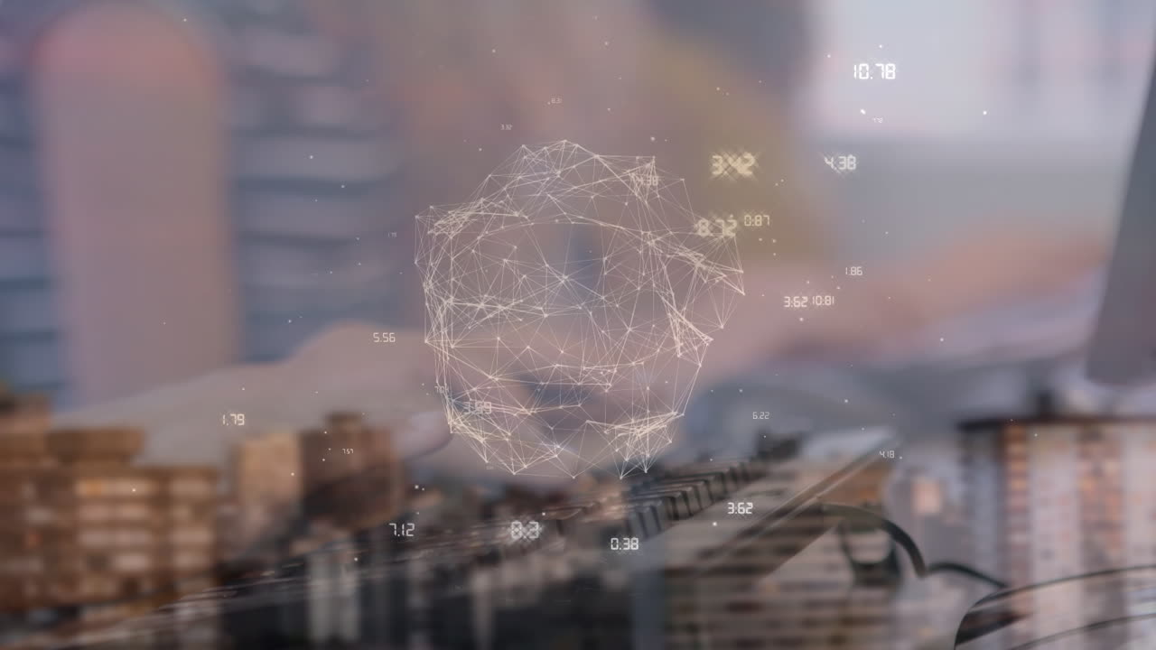 컴퓨터를 이용한 백인 남자의 손 위의 지구와 좌표의 애니메이션