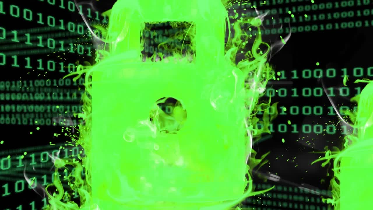 animación de la red de conexiones con iconos de seguridad de candado a través de codificación binaria