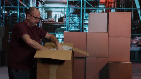 Middle-aged-caucasian-male-unpacking-boxes-in-warehouse-and-inspecting-item,-then-walking-away