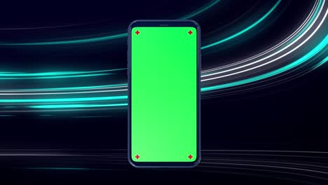 teléfono móvil pantalla verde encendiendo neón ciencia ficción tecnología de fondo