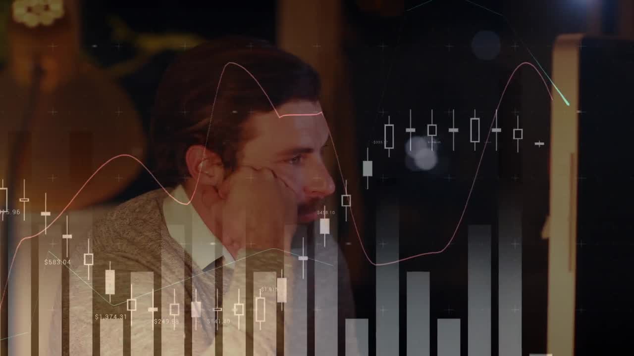 Animation of financial data processing over caucasian businessman in office