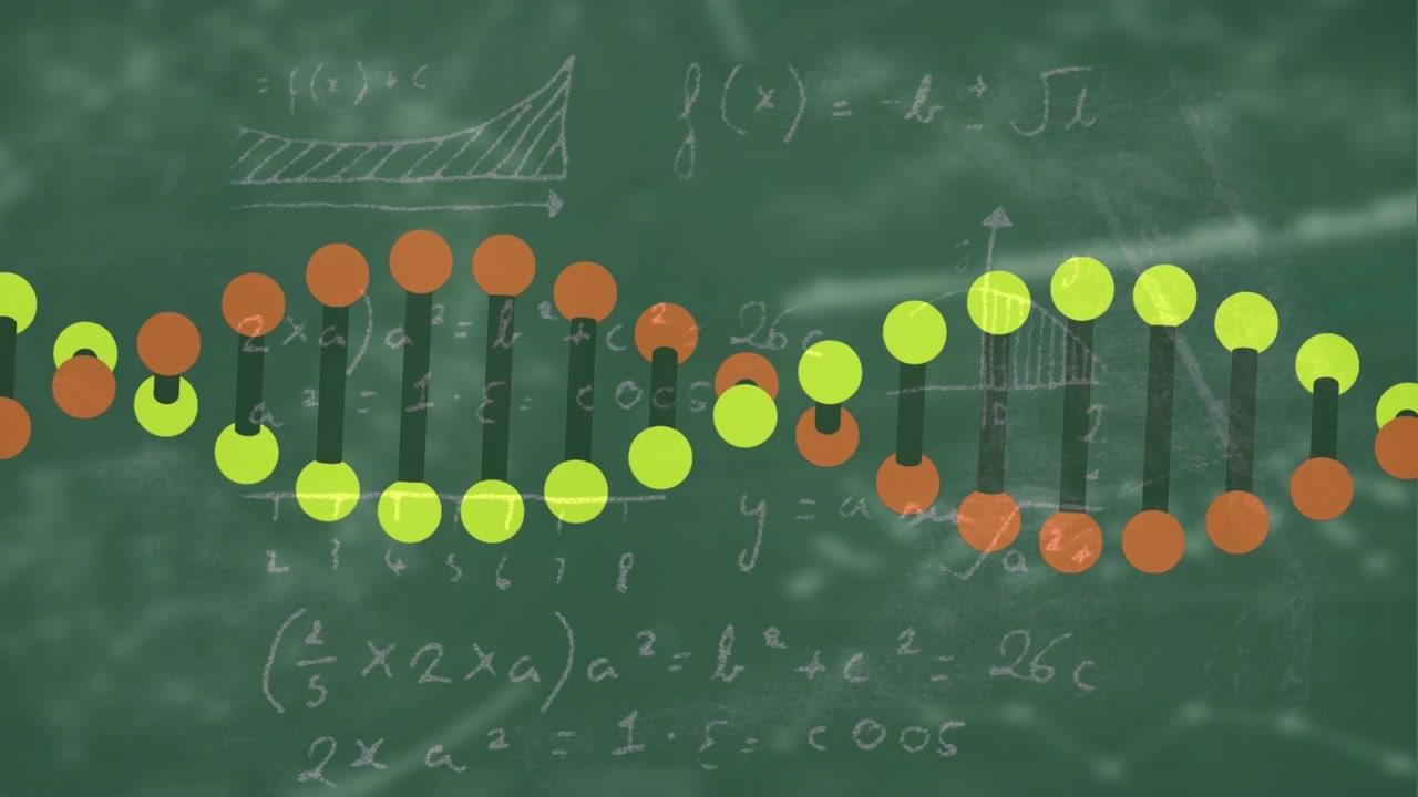 Animazione di DNA ed elaborazione di dati scientifici su sfondo verde
