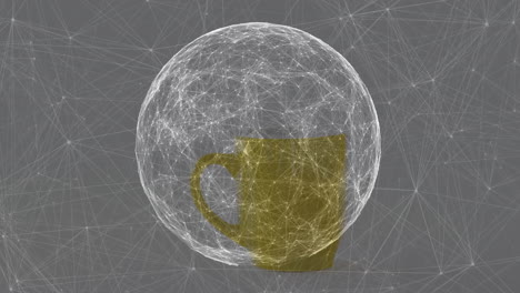 3d render wireframe network sphere rotating over grey grid, featuring golden coffee mug silhouette