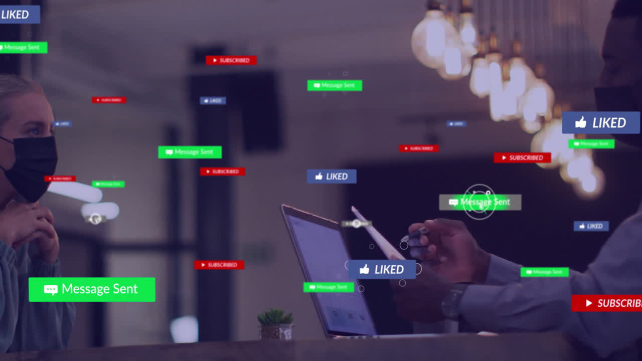 Animation of text and data processing over diverse business people in office