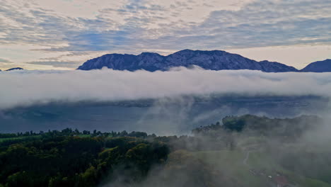 aerial drone over mist filled valley with trees out of fog over lake, mountains in background