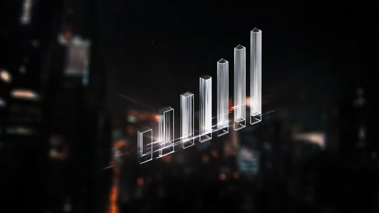 Futuristic holographic chart with growing bars symbolizing progress. Business data. And financial success. The dynamic animation is set against a blurred urban nightscape. Representing global economy